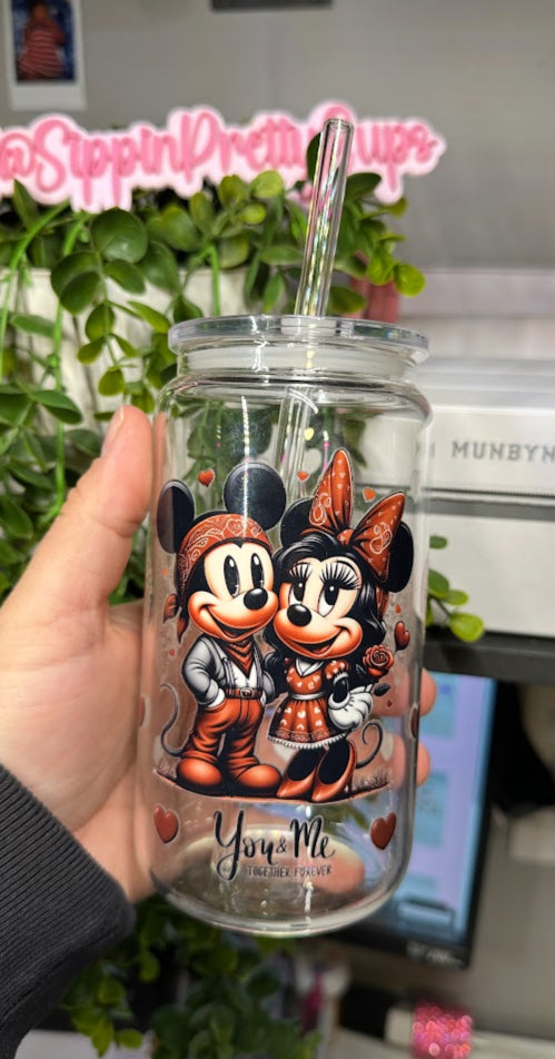 16oz Glass Mickey and Minnie