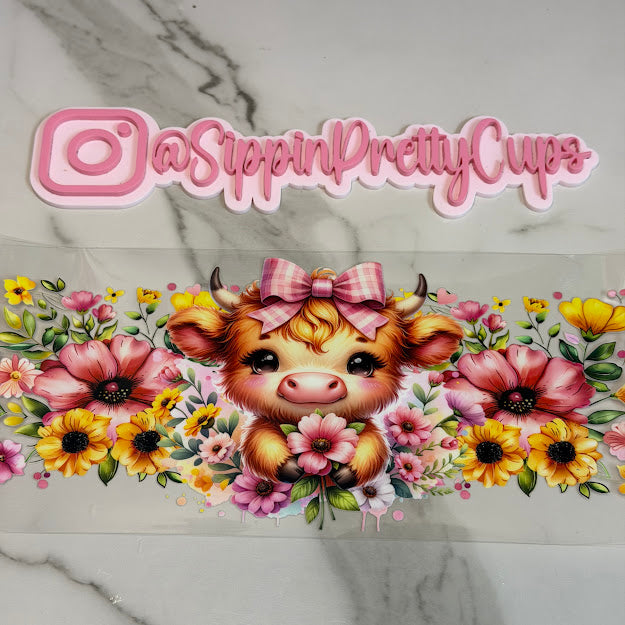 Western / Highland Cow and Pink Yellow Flowers