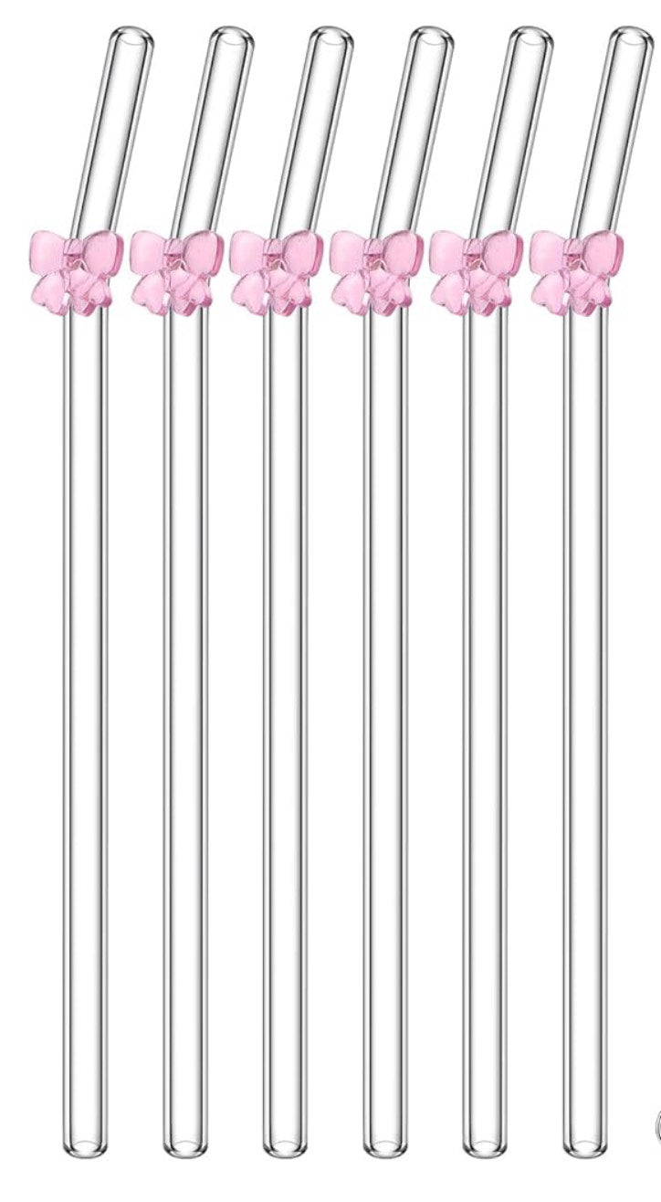 Pink bow Clear glass curved straw