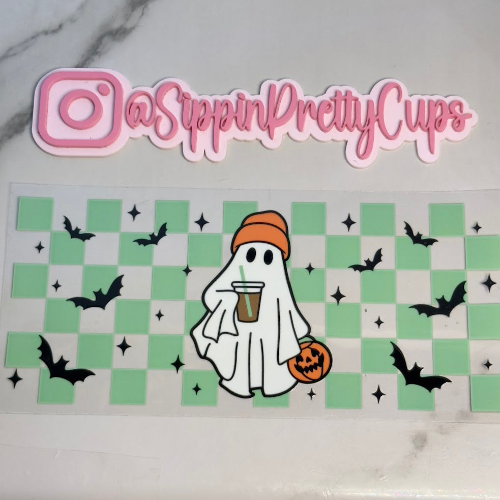 Halloween / Green Checkered Coffee Ghost