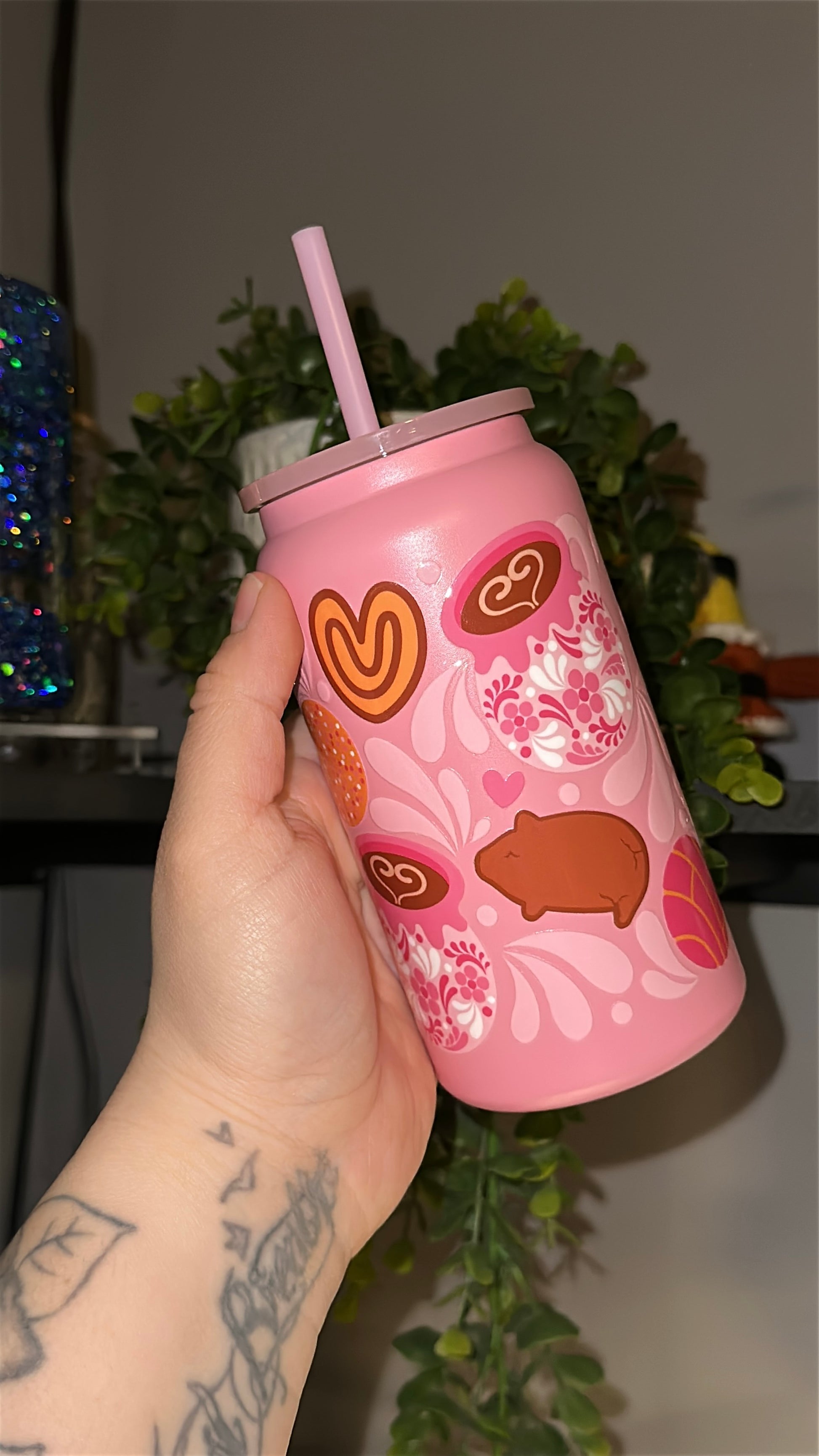 Pink stainless steel Mexican bread talavera design with blush pink straw and blush pink lid