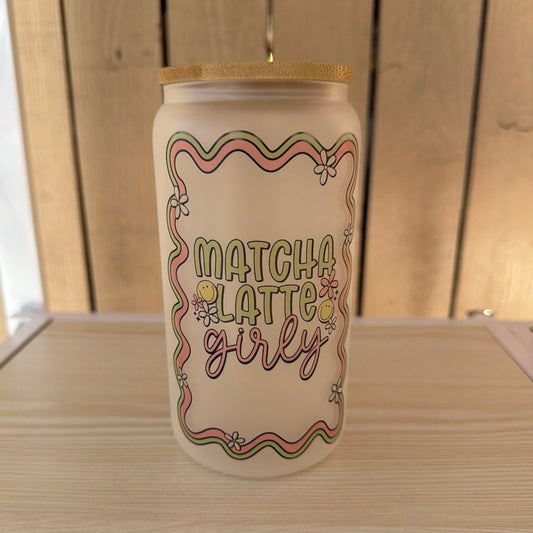 16oz Frosted Glass Matcha Latte Girly