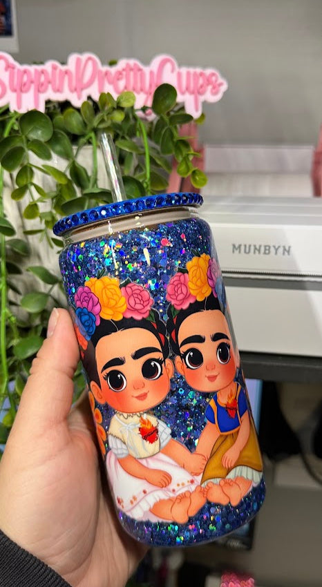 16oz Glass Blue Snowglobe Frida