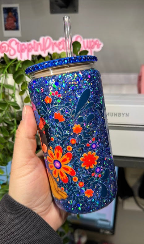 16oz Glass Blue Snowglobe Frida