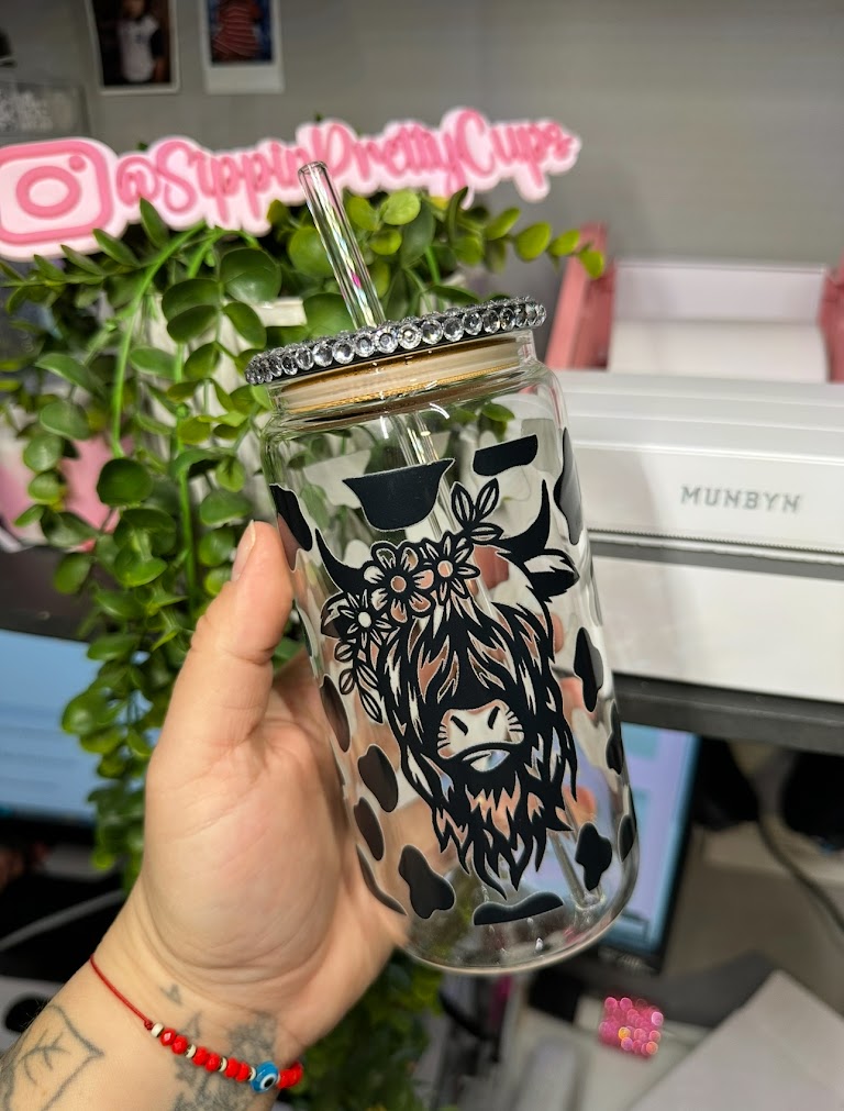 16oz Glass Cow Print WITH rhinesone lid