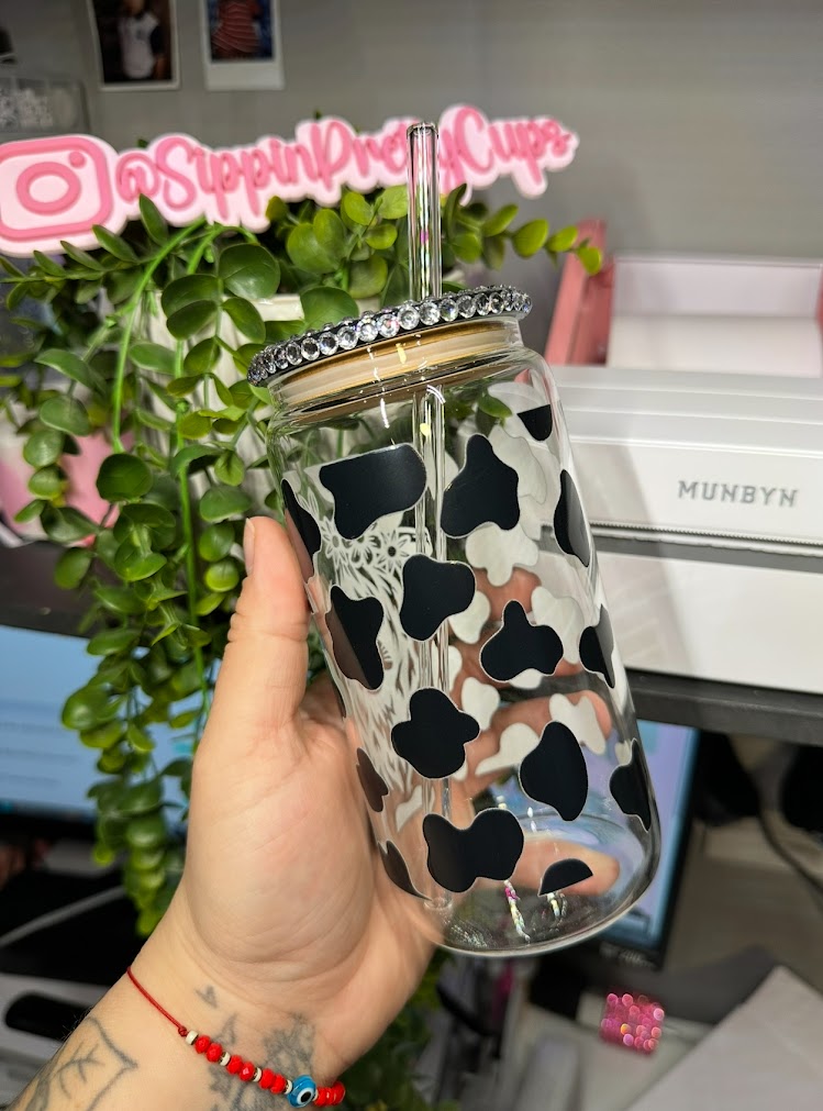 16oz Glass Cow Print WITH rhinesone lid