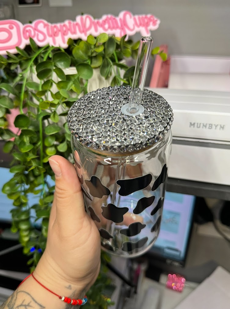 16oz Glass Cow Print WITH rhinesone lid