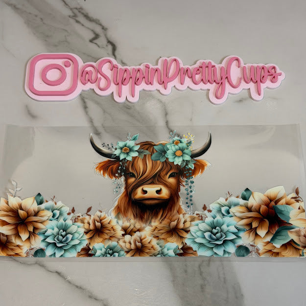 Western / Highland Cow and teal flowers