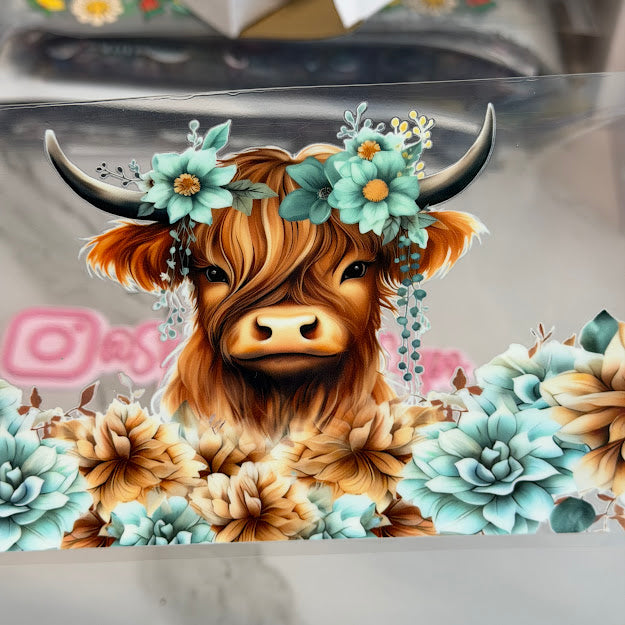 Western / Highland Cow and teal flowers