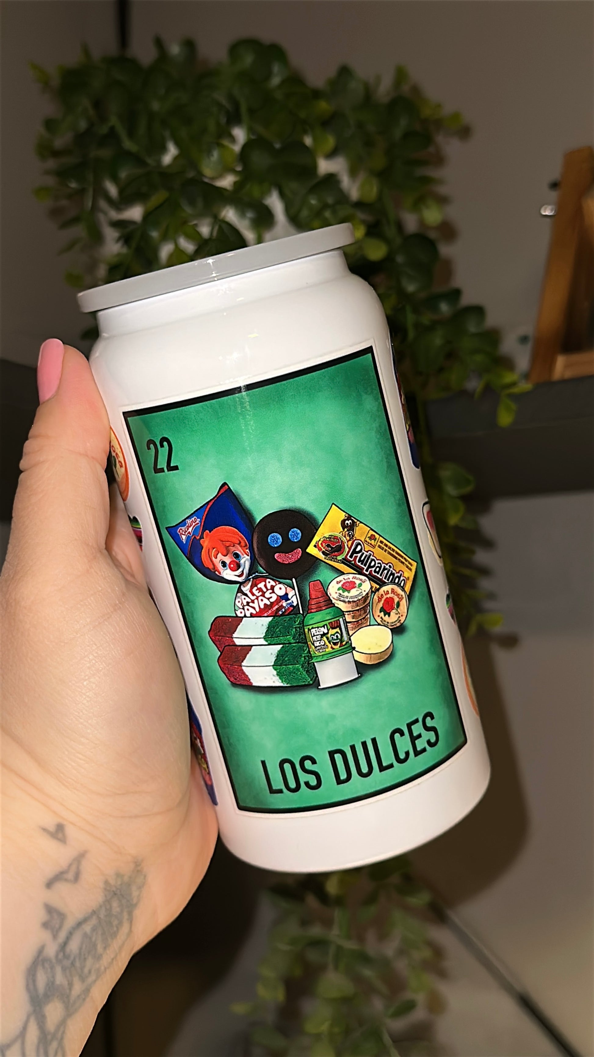 16oz White Stainless Steel UV DTF wrap design "Los Dulces" Mexican Candy Libby Cup