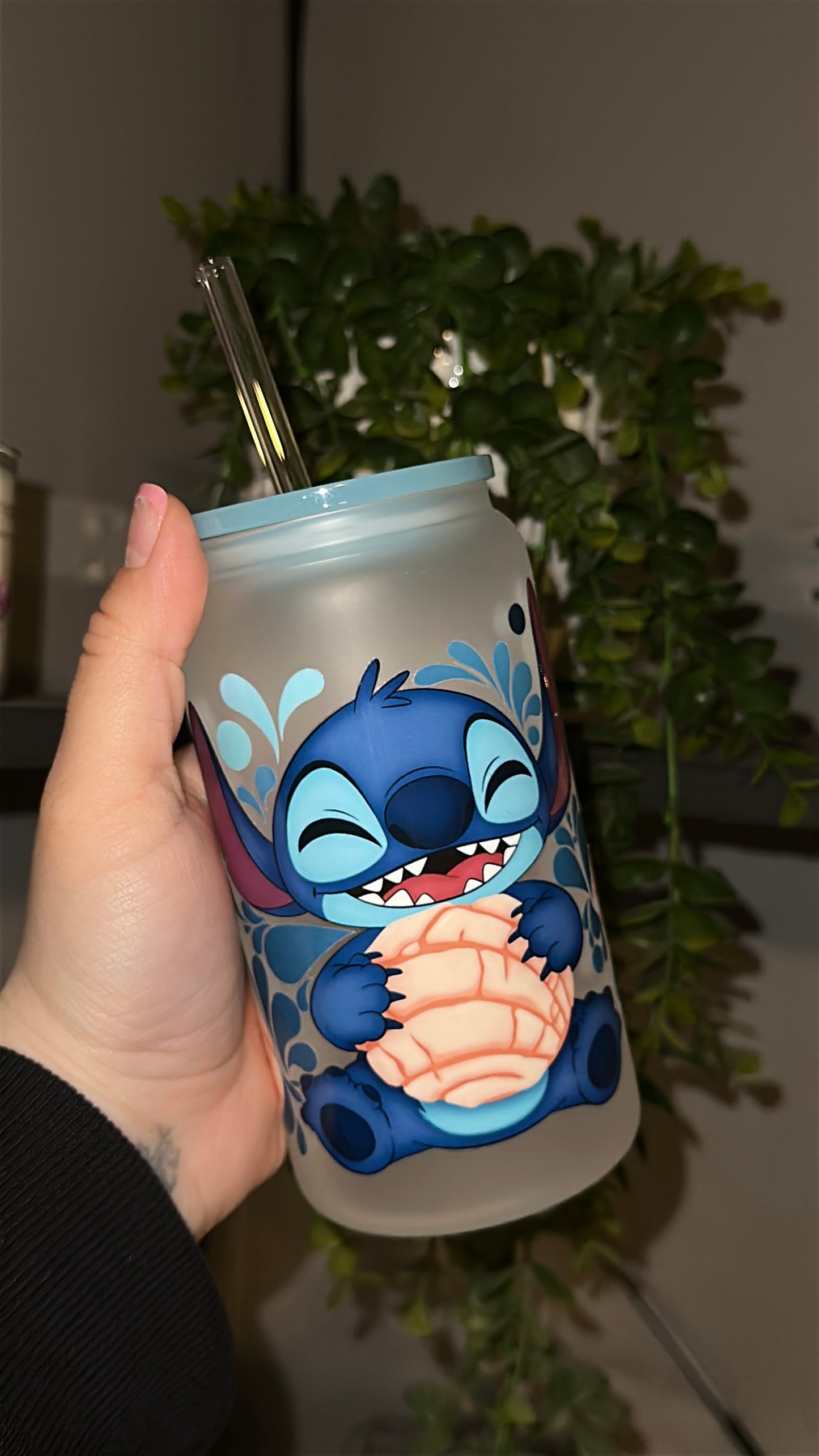 16oz UV DTF wrap Stitch Concha design on a frosted glass Libby cup