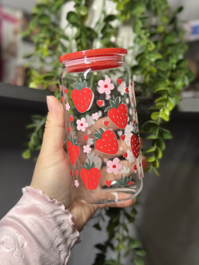 16oz UV DTF wrap Strawberries and pink daisies design on a glass Libby cup