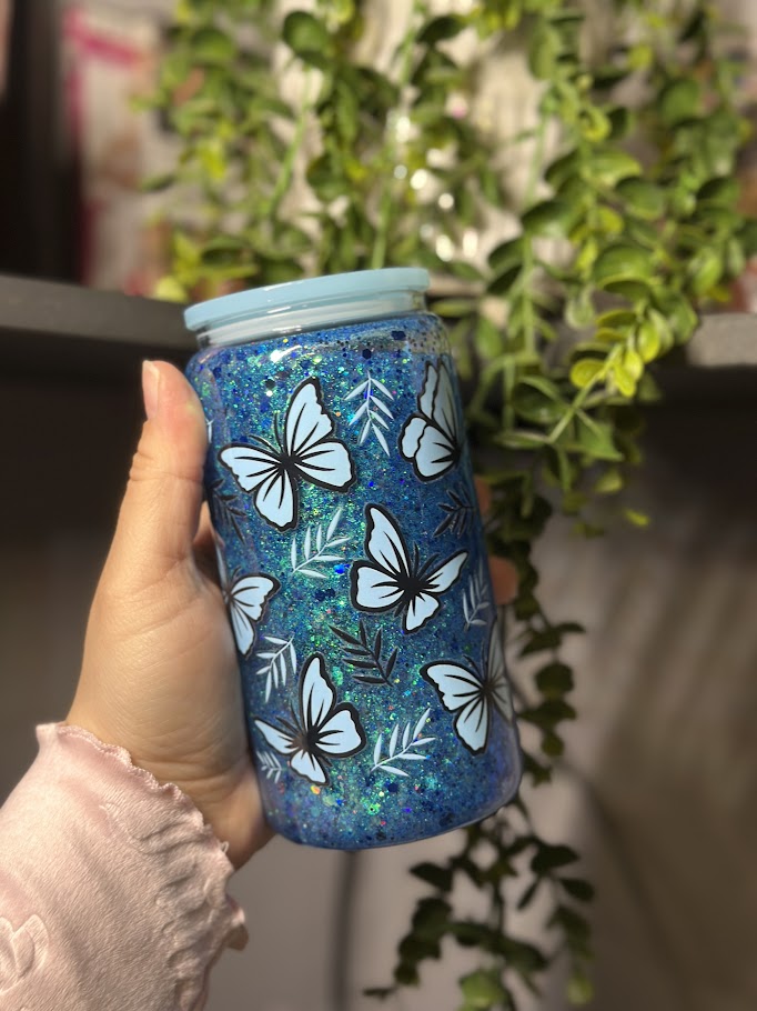 16oz Blue UV DTF wrap Butterfly design  double-wall Snowglobe with mixed Blue glitter 