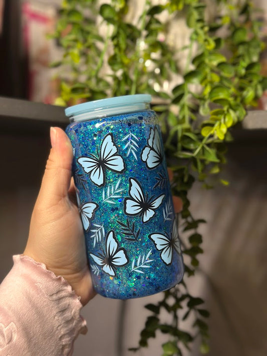 16oz Blue UV DTF wrap Butterfly design  double-wall Snowglobe with mixed Blue glitter 