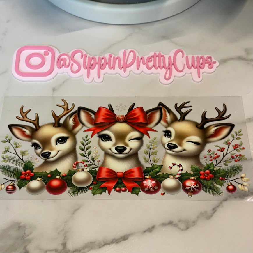 Christmas / 3 Girly Reindeers Silky Bow and Ornaments