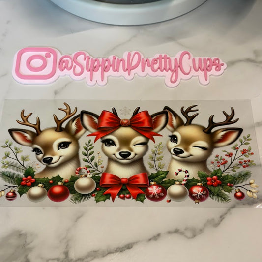 Christmas / 3 Girly Reindeers Silky Bow and Ornaments