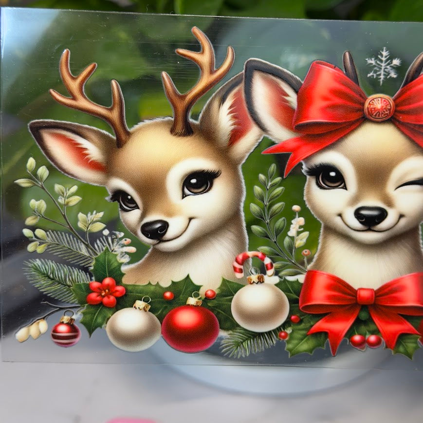 Christmas / 3 Girly Reindeers Silky Bow and Ornaments